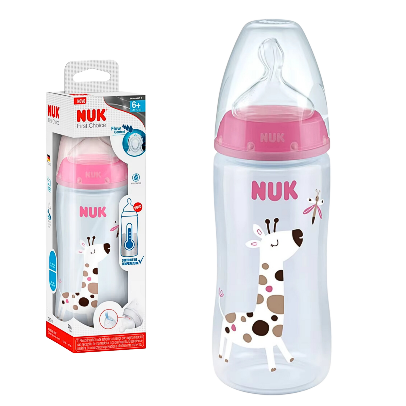 Biberon Nuk con indicatore di temperatura rosa giraffa 300ml 0-6mesi