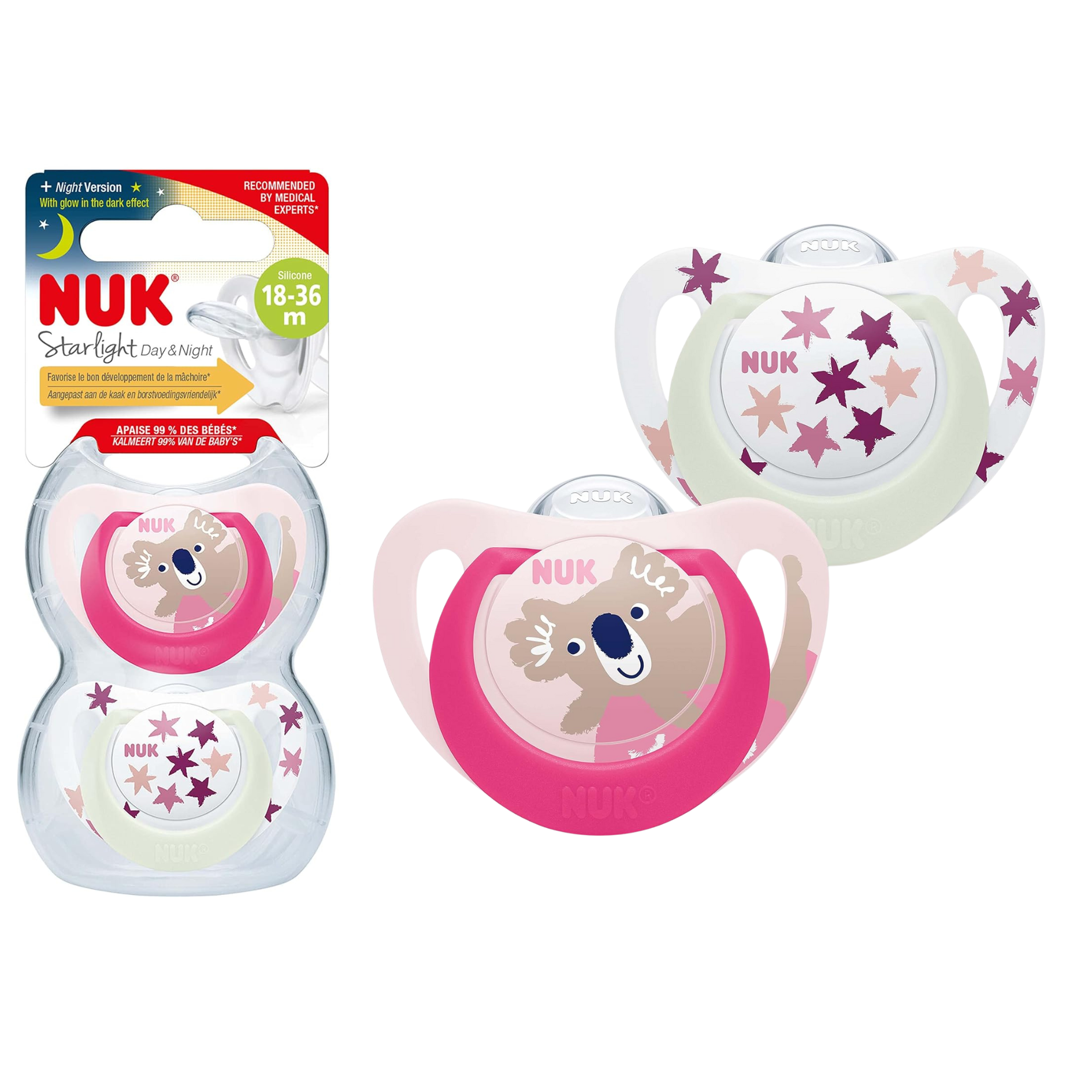 Ciucci Nuk star day & night silicone  18-36m 2Pz bianco-fucsia