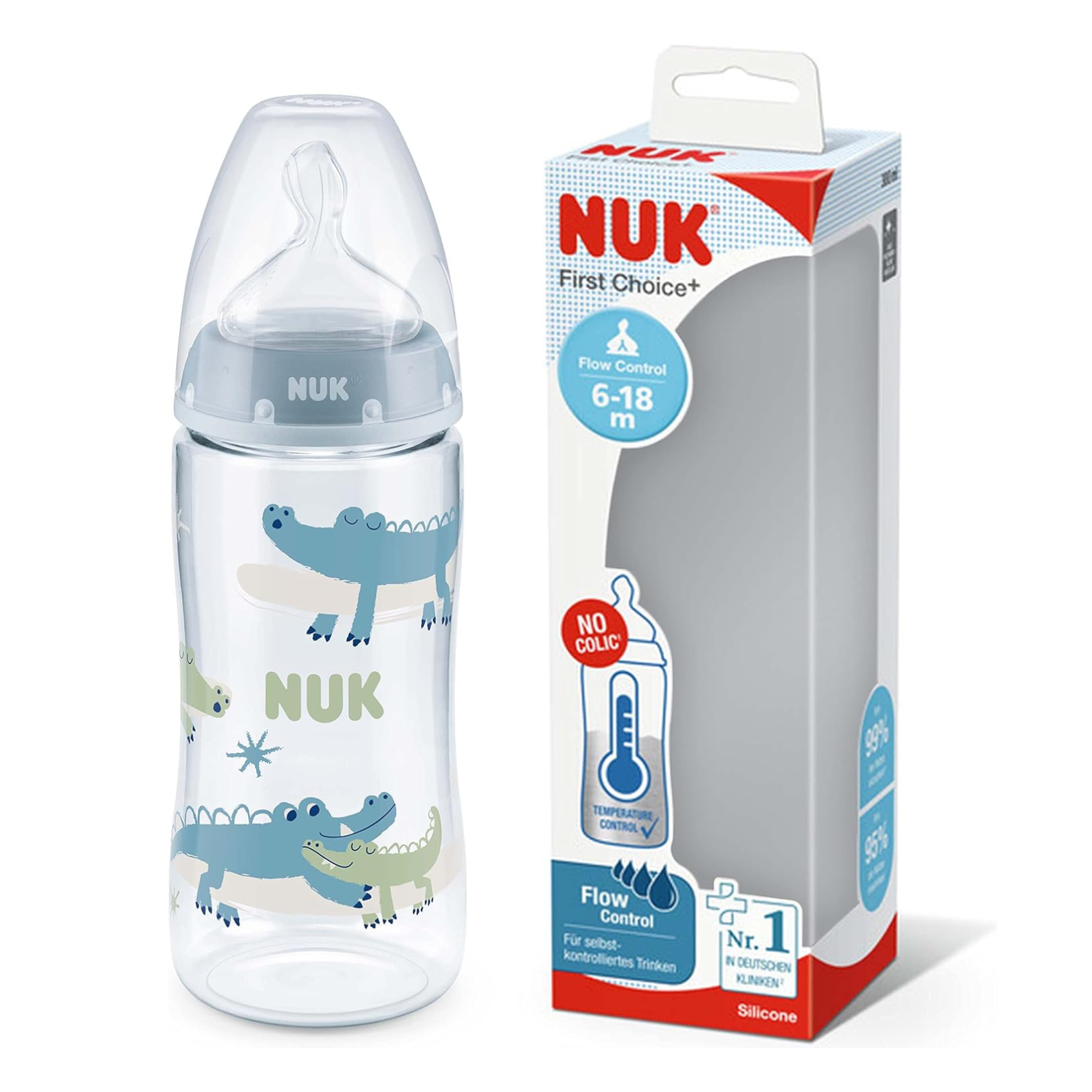 Biberon Nuk 300ml con indicatore di temperatura 6-18mesi grigio Coccodrillo