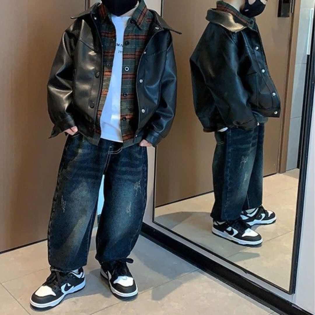 Set 3 pezzi bimbo   Giacca ecopelle, Camicia a quadri e jeans