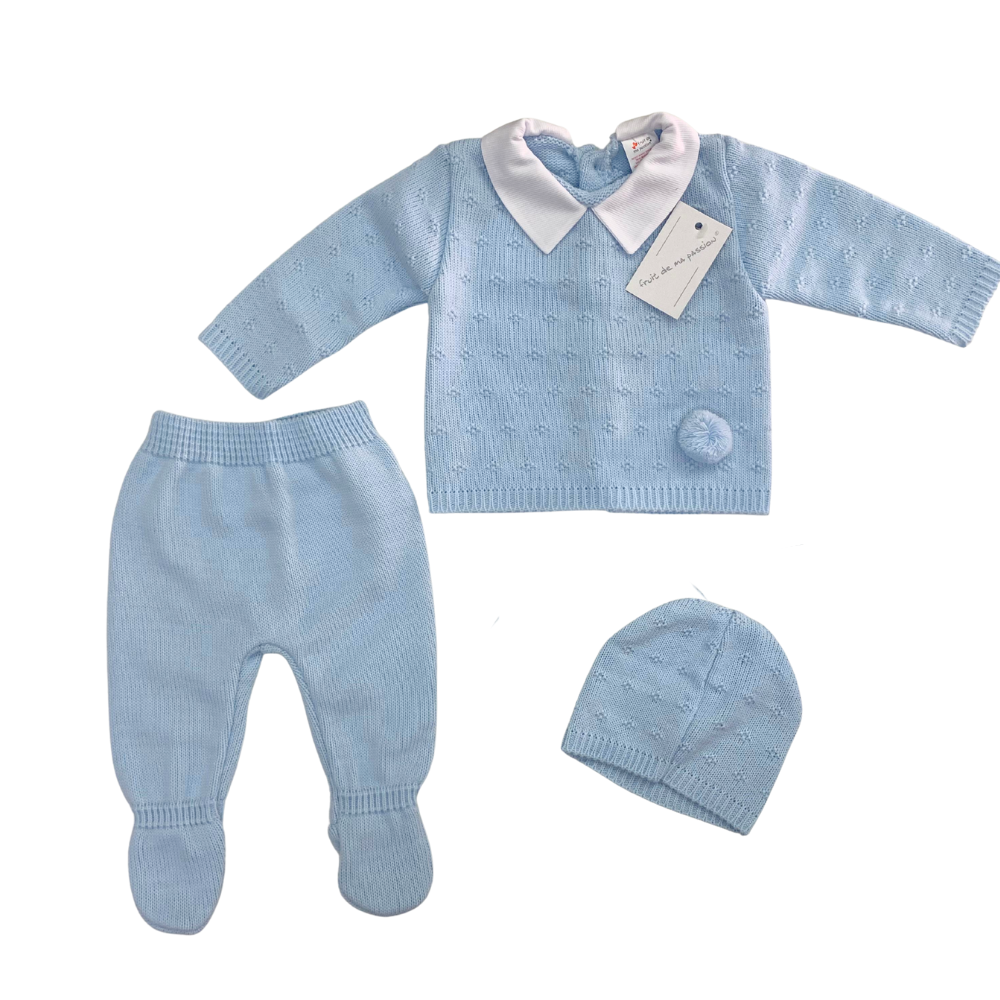 Set Neonato in Lana Celeste con Colletto e ponpon