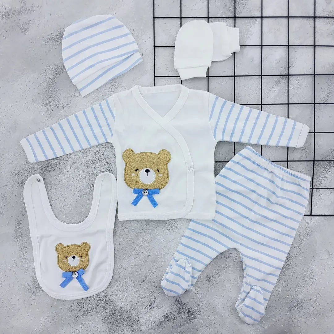 Set Neonato/ Bimbo in cotone - Completo 5 Pezzi con Orsetto Ricamato 🧸