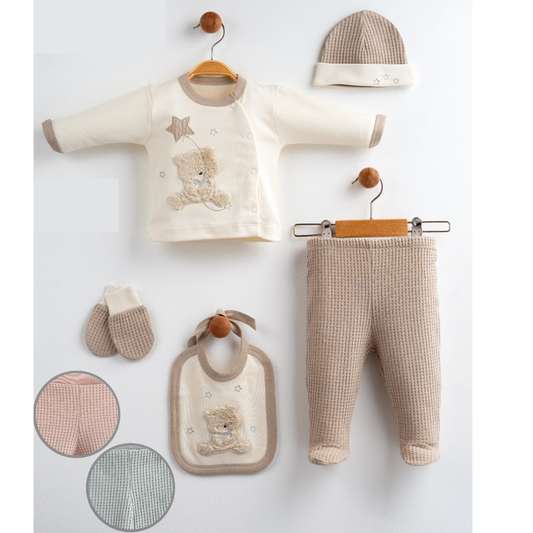 Set Neonato/a  5 Pezzi Unisex con Orsetto e Stellina – Tessuto Nido d’Ape