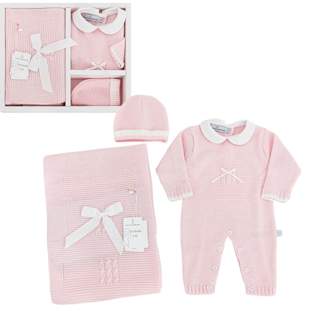 Set nascita 3 pezzi Nazzareno Gabrielli rosa lana