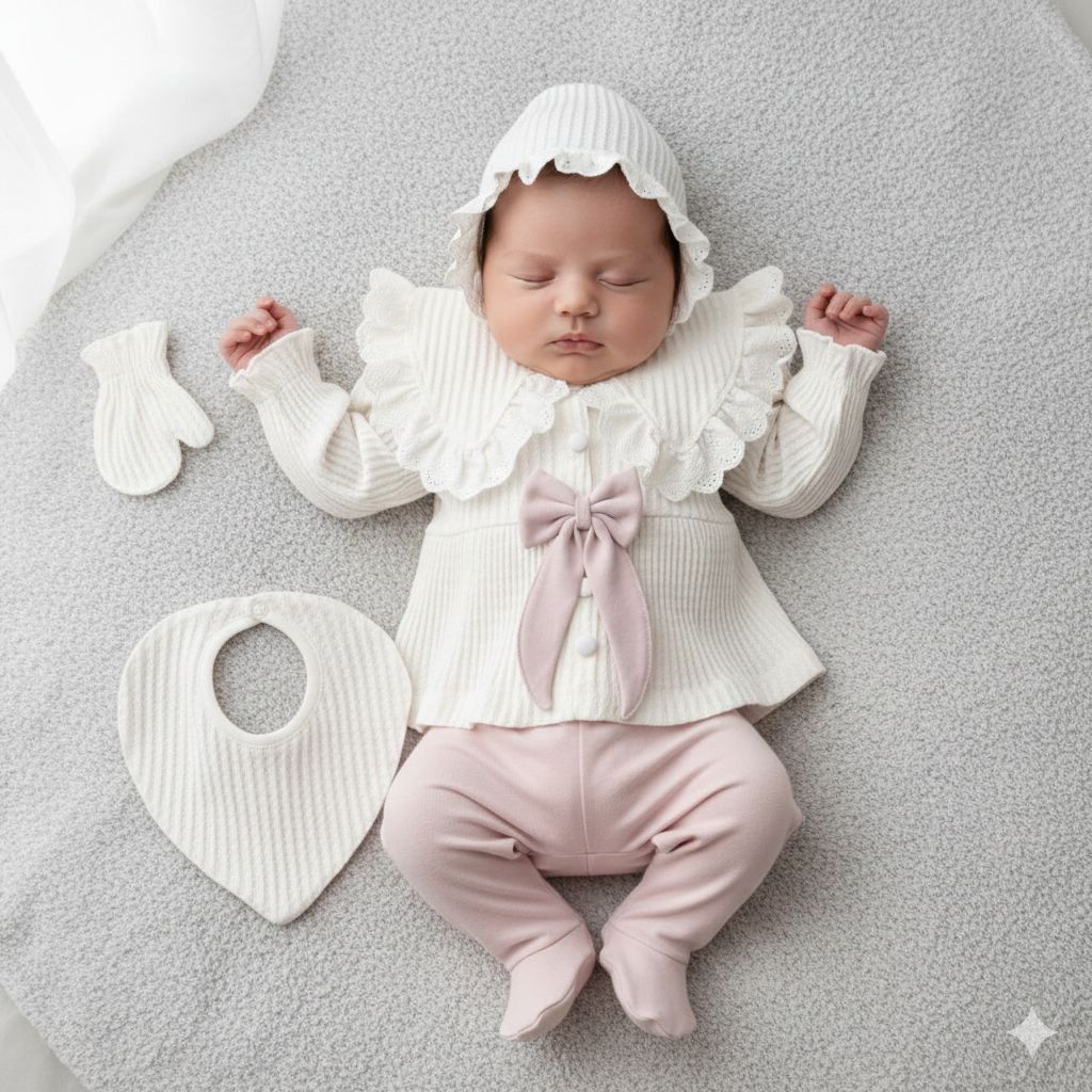 Set 5 Pezzi Neonata Elegante in Maglia  Rosa Cipria e Prugna