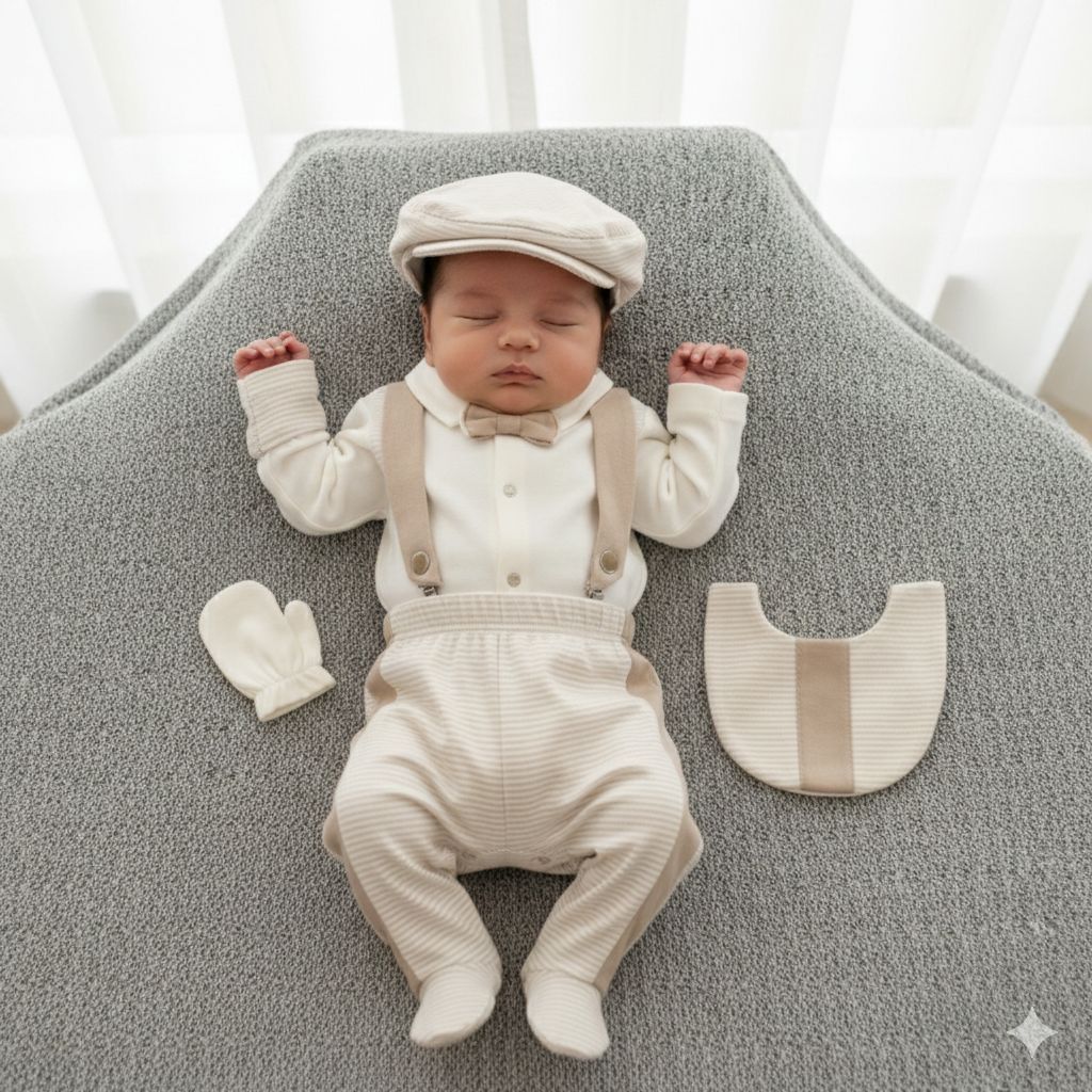 Set Elegante Neonato/ Bimbo con Papillon 5 Pezzi per Cerimonia cotone