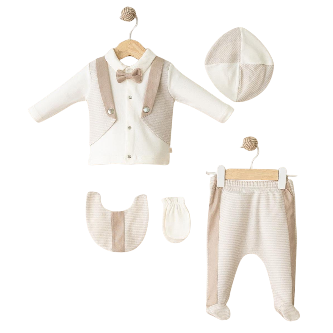 Set Elegante Neonato/ Bimbo con Papillon 5 Pezzi per Cerimonia cotone