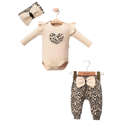 Completo bimba 3 Pezzi con Stampa Leopardata e Fiocco in Cotone