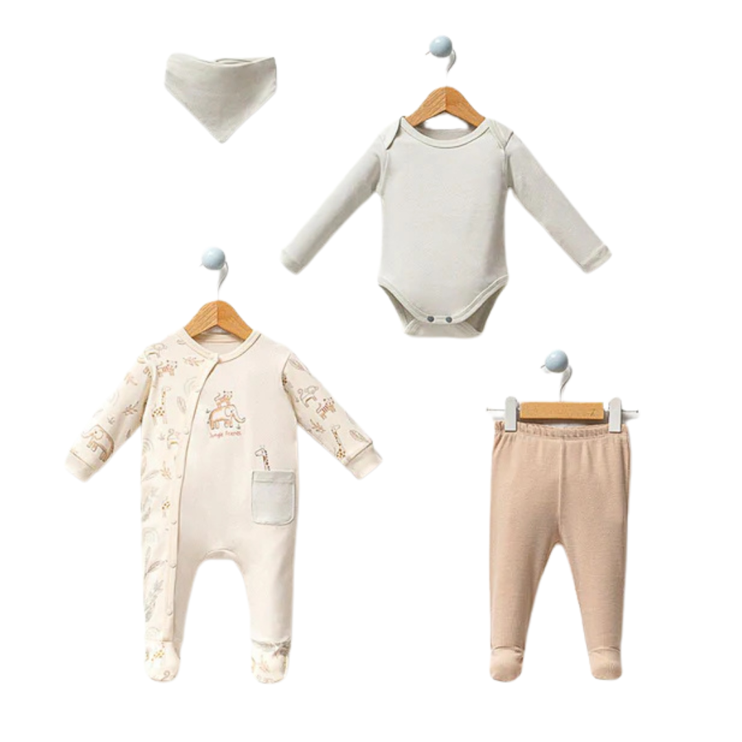 Set Nascita Neutro Bimbo/ Bimba Safari 5 Pezzi caldo Cotone con Body e Tutina