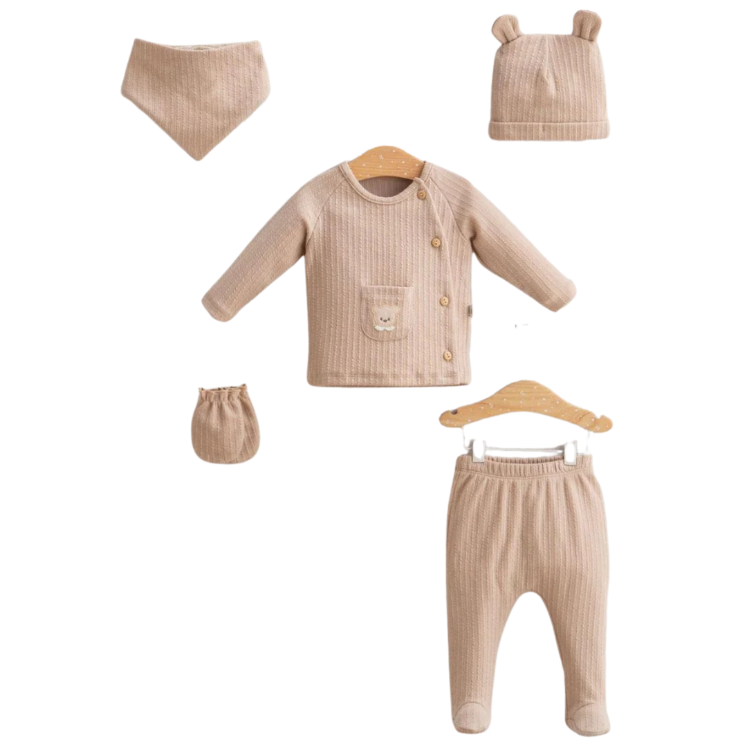 Set Neutro Bimba/ Bimbo in Maglia Beige 5 Pezzi con Cappellino Orecchiette caldo cotone