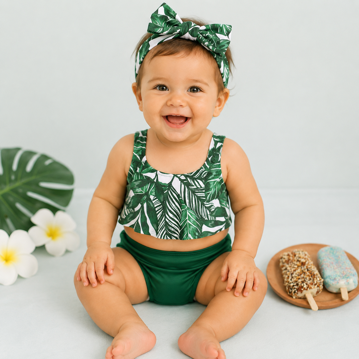 Costume Mare Bimba 3 Pezzi  Top con Stampa Tropicale, Slip Verde e Fascia Coordinata