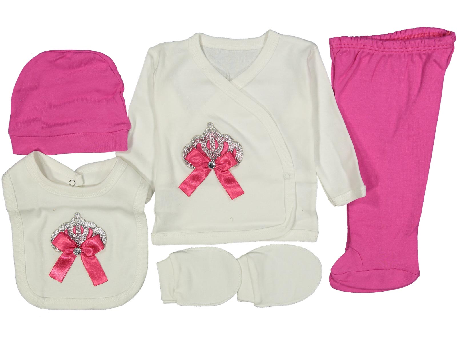 Set Neonata 5 Pezzi con Corona e Fiocco 0-3 mesi