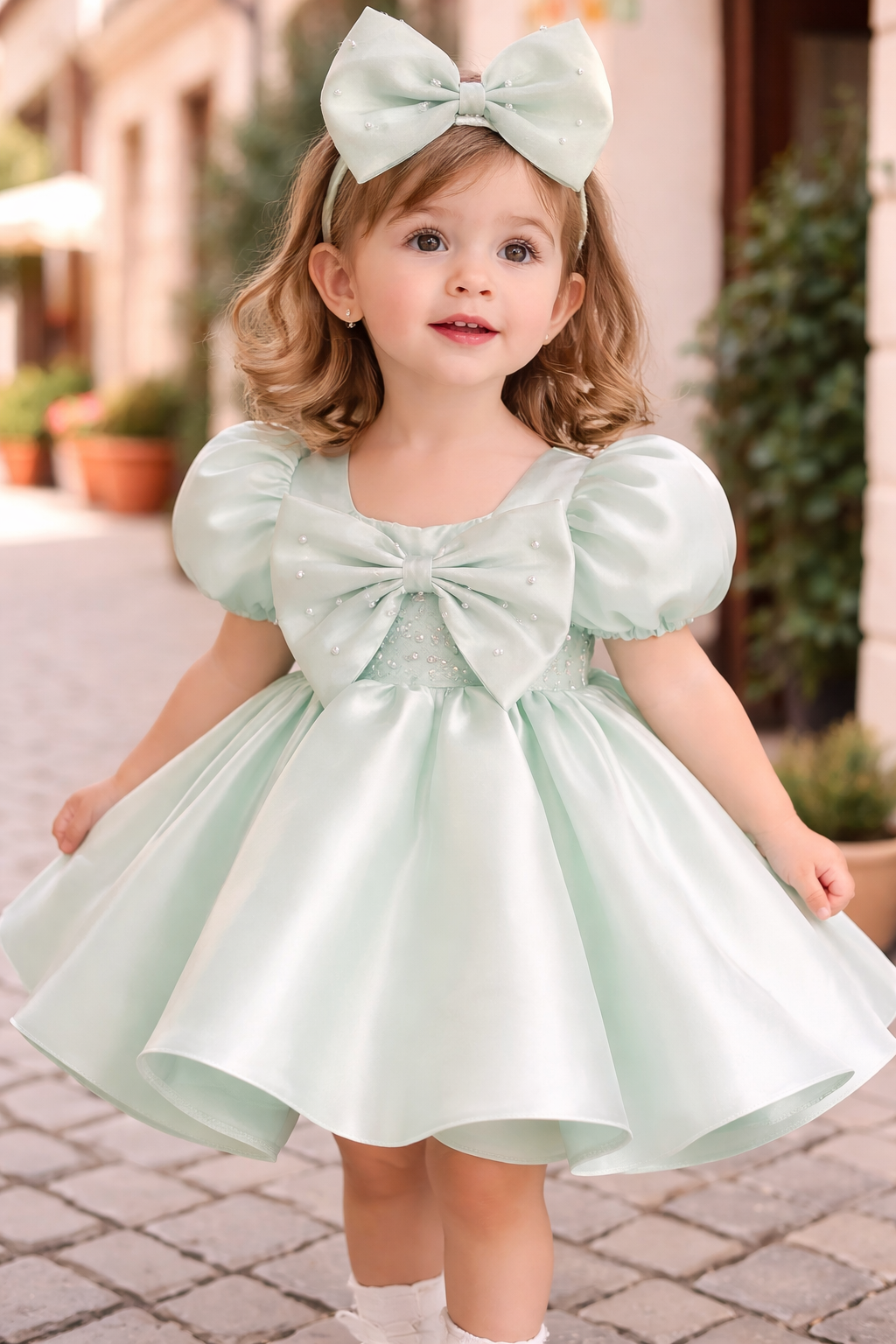 Abito cerimonia bambina   Verde menta con maxi fiocco e perle