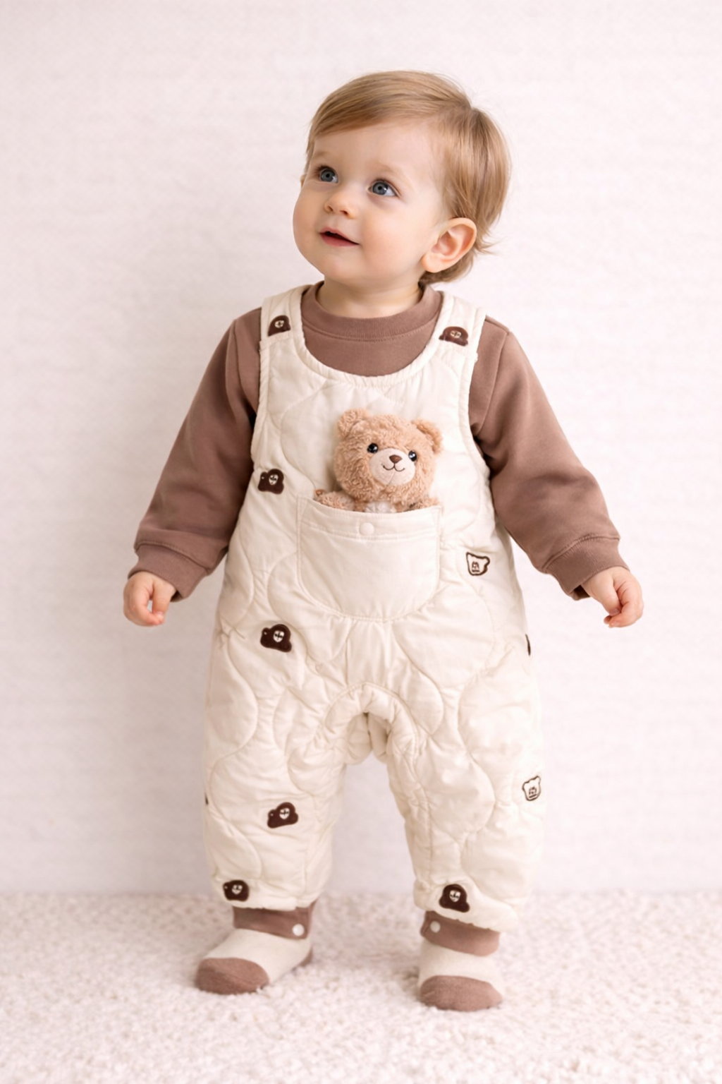 Completo invernale neonato 2 pezzi – Felpa e salopette imbottita con orsacchiotto