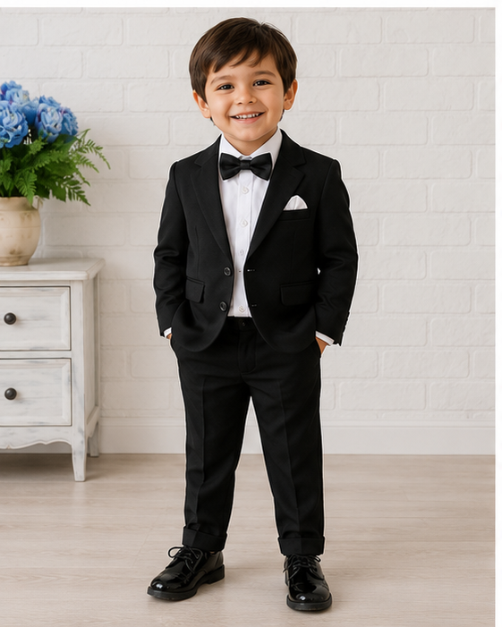 Completo Elegante Bambino 3 Pezzi – Smoking Nero con Camicia Bianca e Cravatta o Papillon
