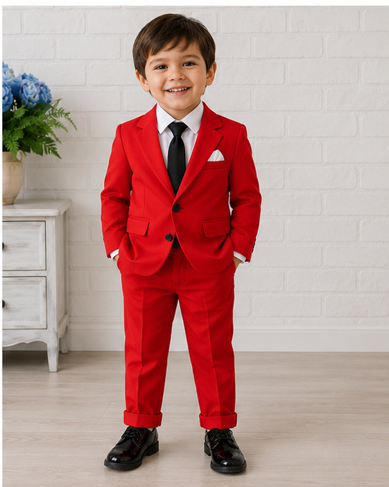 Completo Elegante Bambino 3 Pezzi – Giacca Rossa + Camicia Bianca + Pantaloni + Cravatta/Papillon