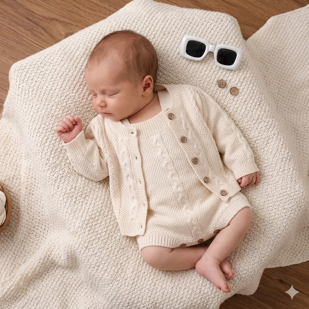 Set Maglia bimbo 2 Pezzi: Cardigan e Salopette in Maglia con Treccia - Beige Classico