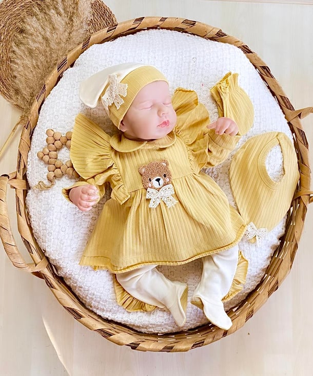 Set Caldo Cotone Bimba/ Neonata Vintage Orsetto Giallo 5pz 0-3 mesi