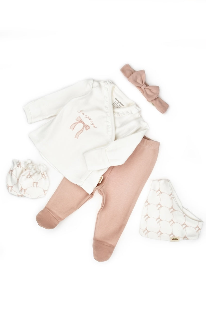 Set Neonata 5 Pezzi in Cotone Bio – Rosa Cipria con Fiocchi
