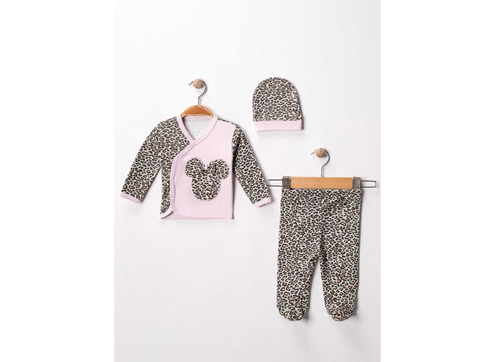 Set Neonata/ Bimba 3 Pezzi in Cotone Stampa Animalier e Minnie Rosa Pastello