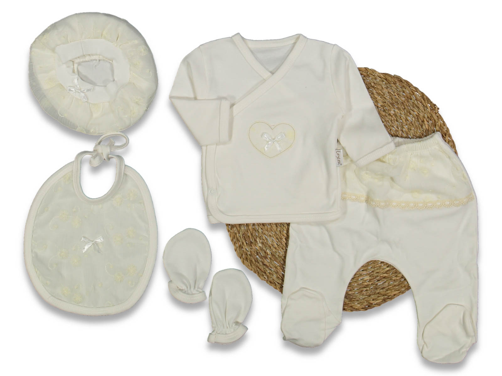 Set Neonata/Bimba 5 pezzi Nascita  Elegante con Dettagli in Pizzo Primavera/Estate