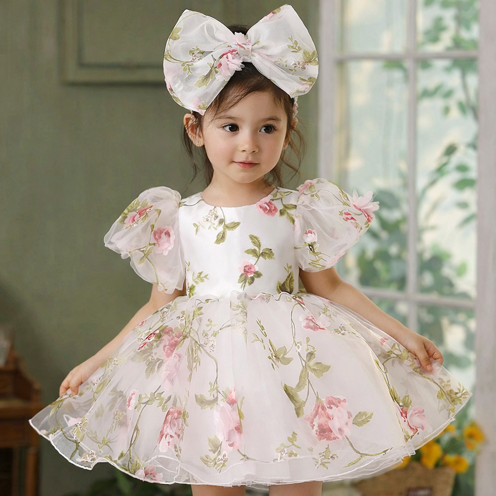 Abito Elegante Bimba con Fiori Rosa e Maxi Fiocco