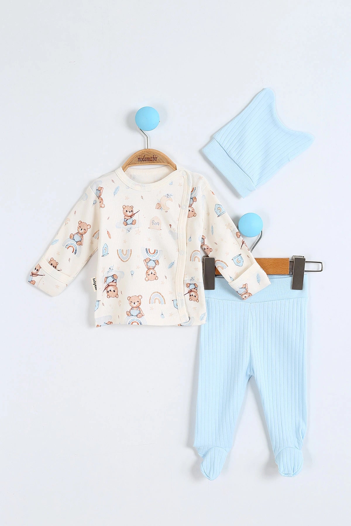 Set Neonato/ Bimbo "Orsetto Arcobaleno" Azzurro Cielo in Cotone