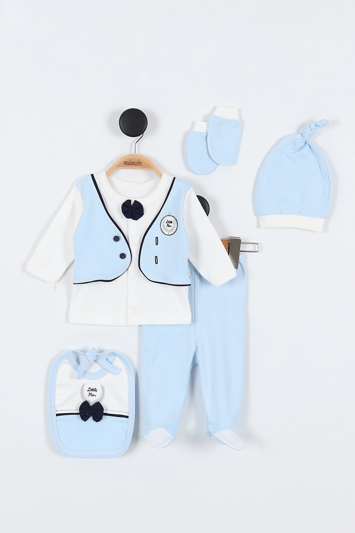 Set Neonato/ Bimbo Elegante 5 Pezzi caldo cotone Smoking con Papillon Azzurro