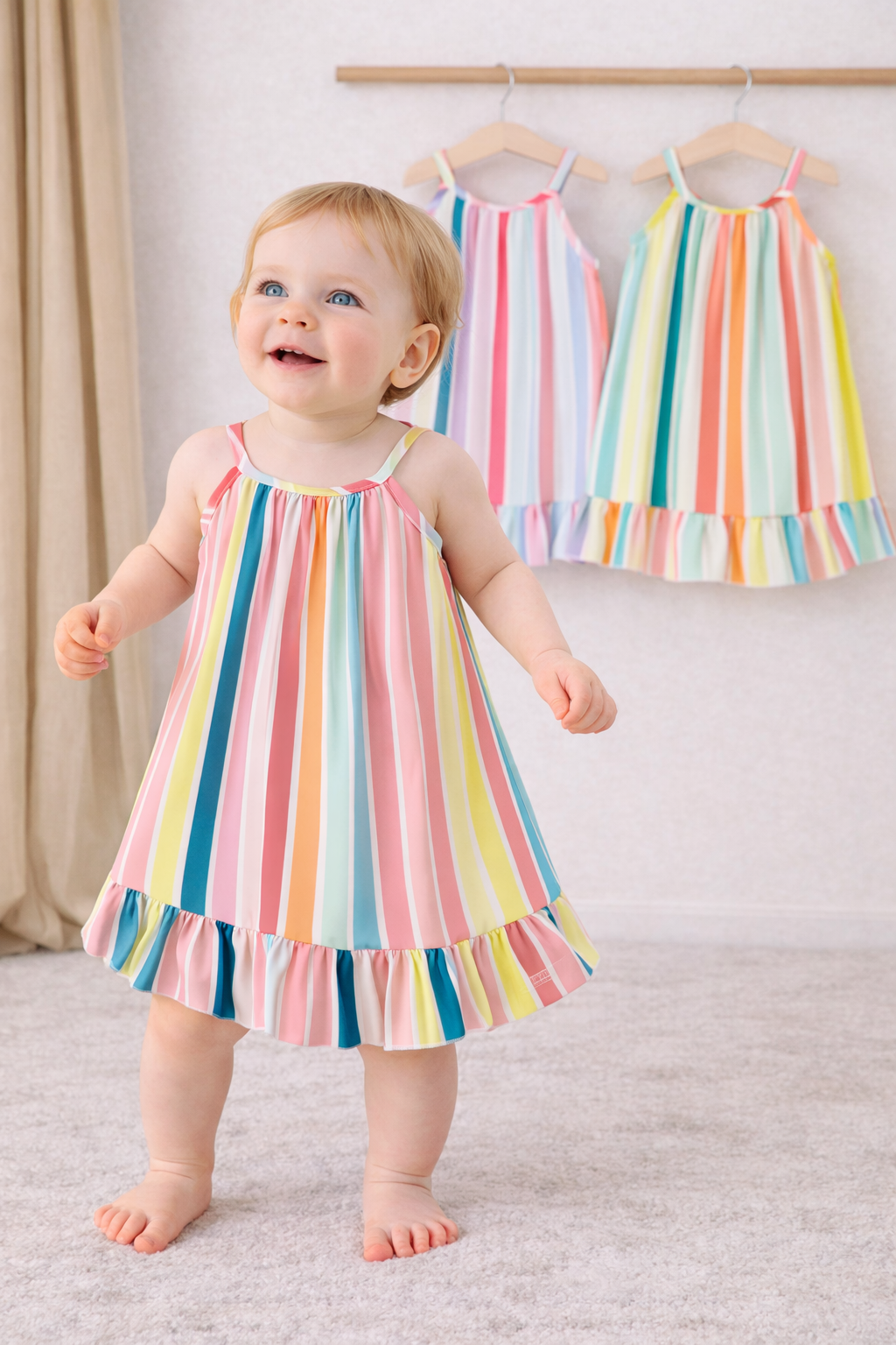 Vestito Estivo Bimba a Righe Colorate  Spalline Sottili e Volant