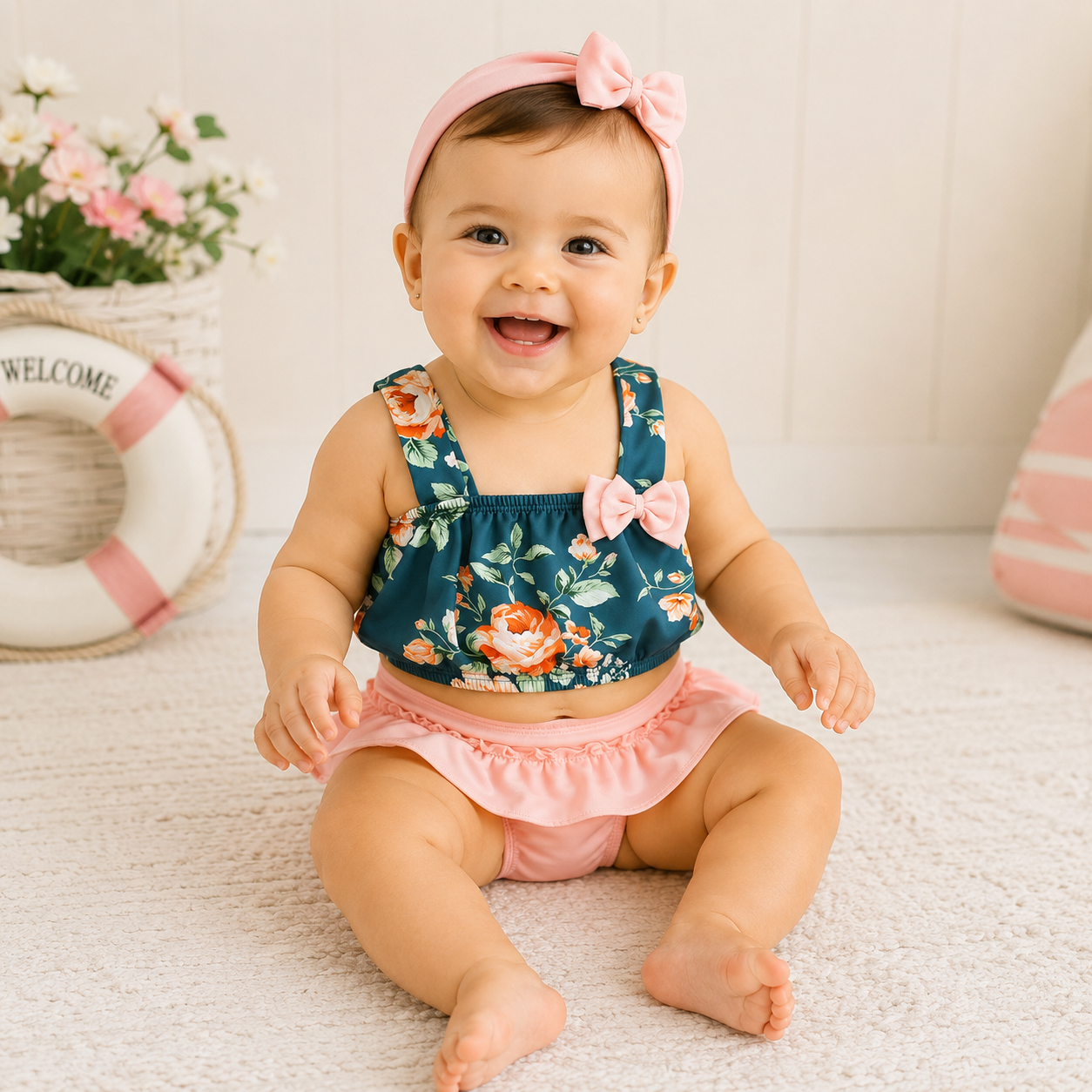 Costume bambina 3 pezzi   Floreale Rosa e Verde