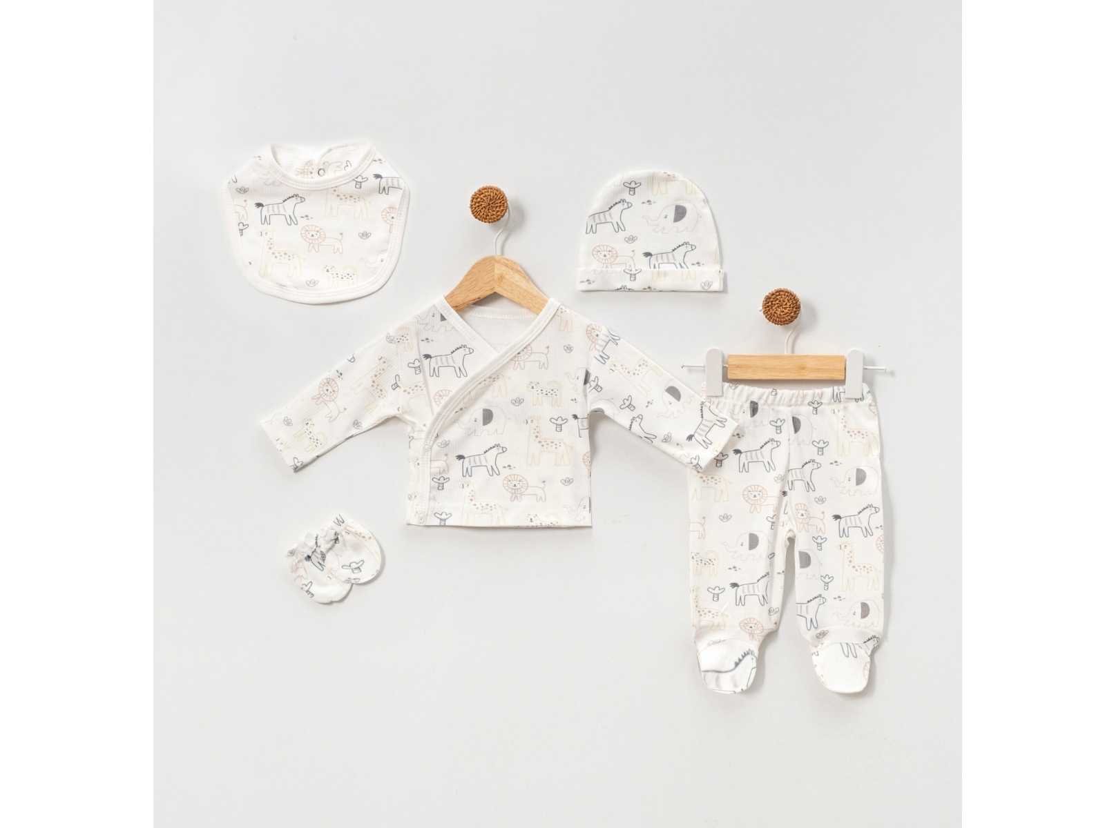 Set 5PZ Nascita Neutro Cotone Fantasia Animali della Savana Bimbo/ Bimba