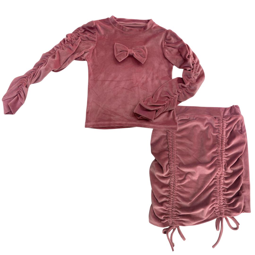 Completo bimba in velluto rosa con fiocco e gonna
