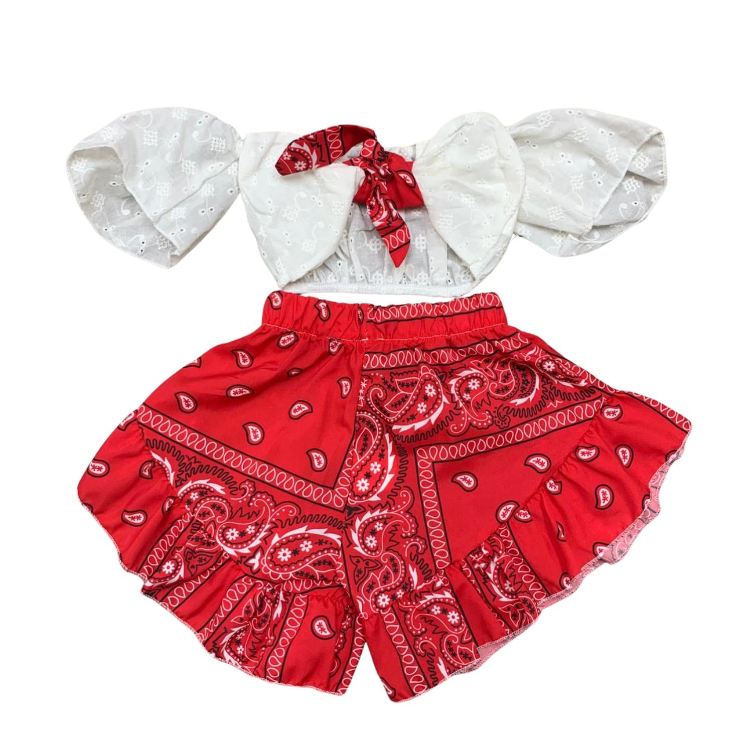 Completo estivo bambina bianco e rosso con stampa