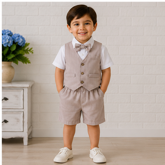Completo Elegante 3 Pezzi per Bambino – Camicia, Gilet e Pantaloncini con Papillon