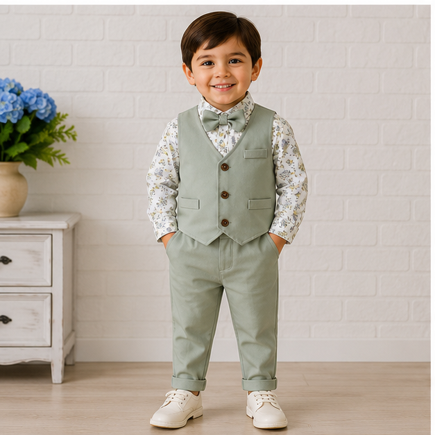 Completo 3 Pezzi Bambino  Verde Salvia con Camicia Floreale e Papillon