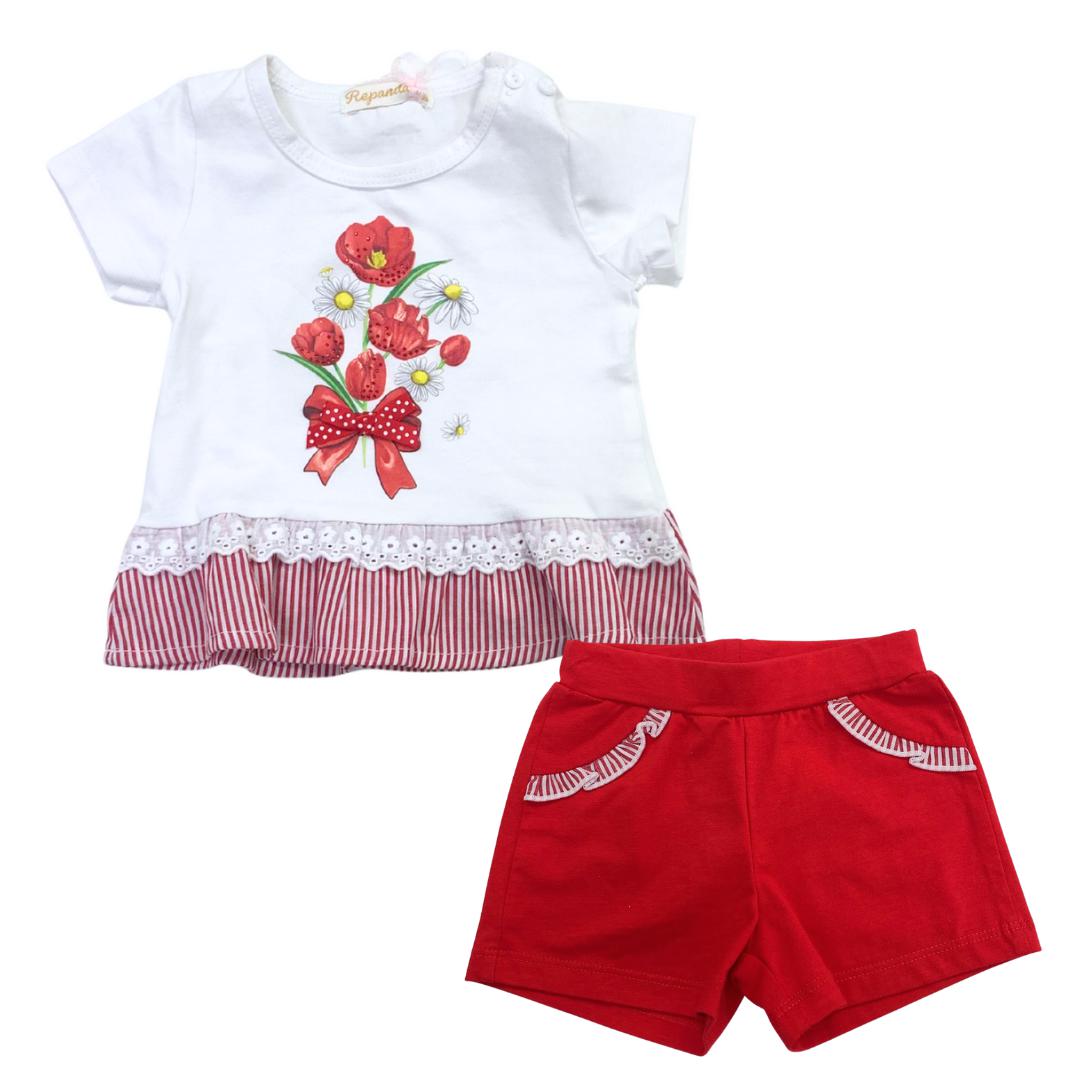 Completo Bimba Repanda con Fiori Rossi e Volant
