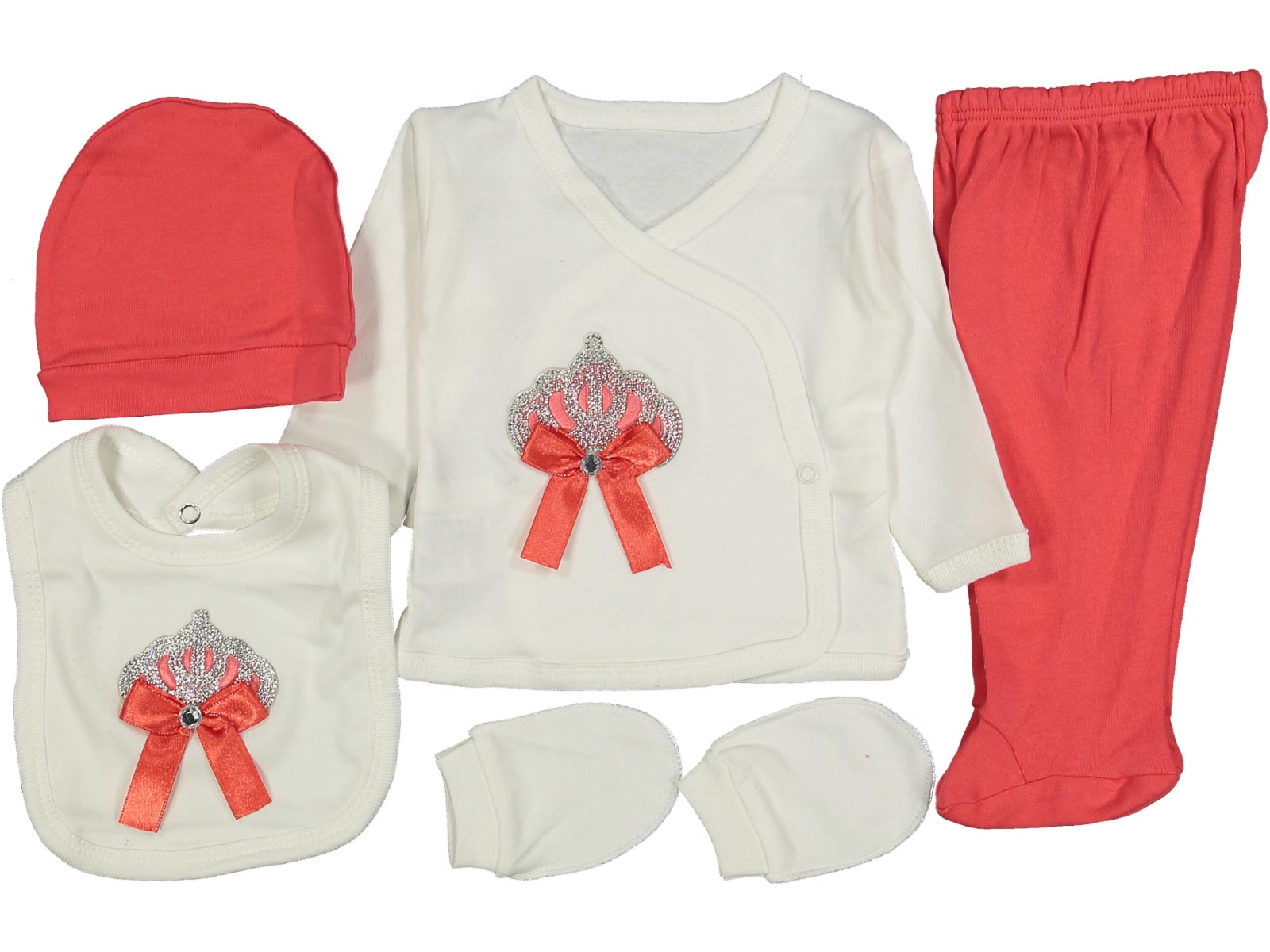 Set Neonata 5 Pezzi con Corona e Fiocco 0-3 mesi