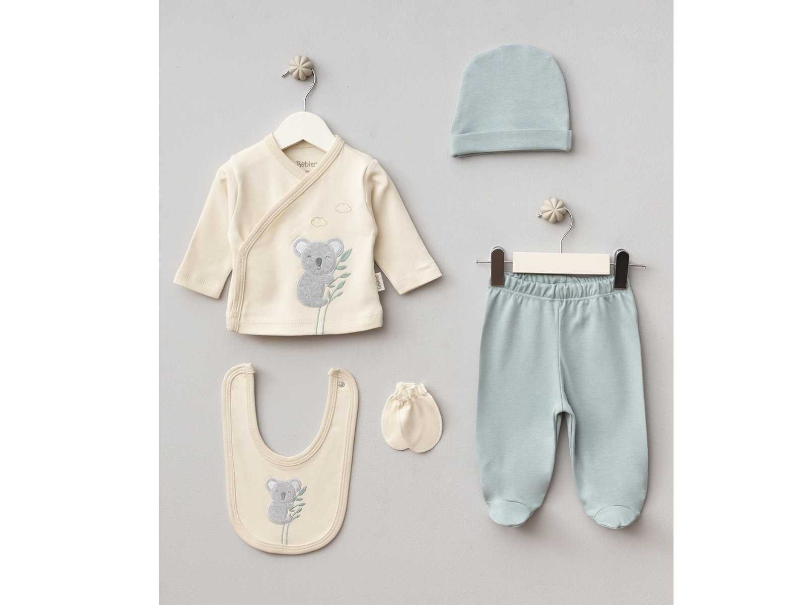Set Neonato/ Bimbo 5 Pezzi in Cotone Koala turchese