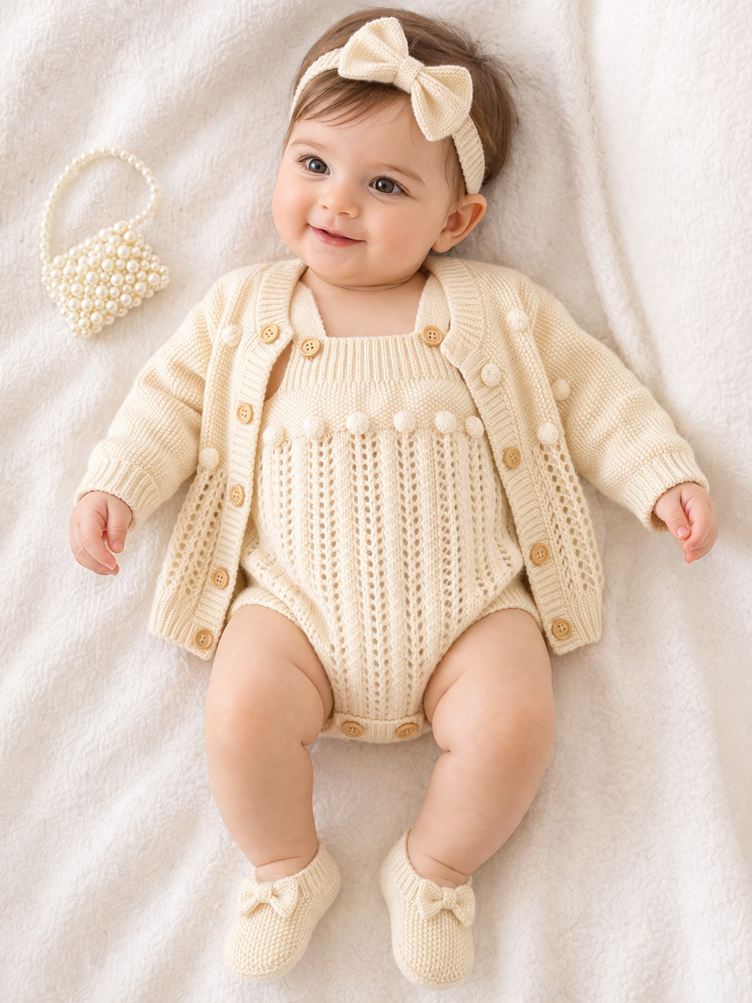 Set Maglia Neonata 2 Pezzi: Cardigan e Salopette in Maglia - Beige Elegante