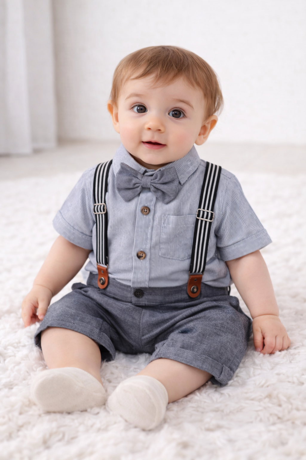 Completo elegante bimbo con papillon e bretelle – 3 pezzi Grigio