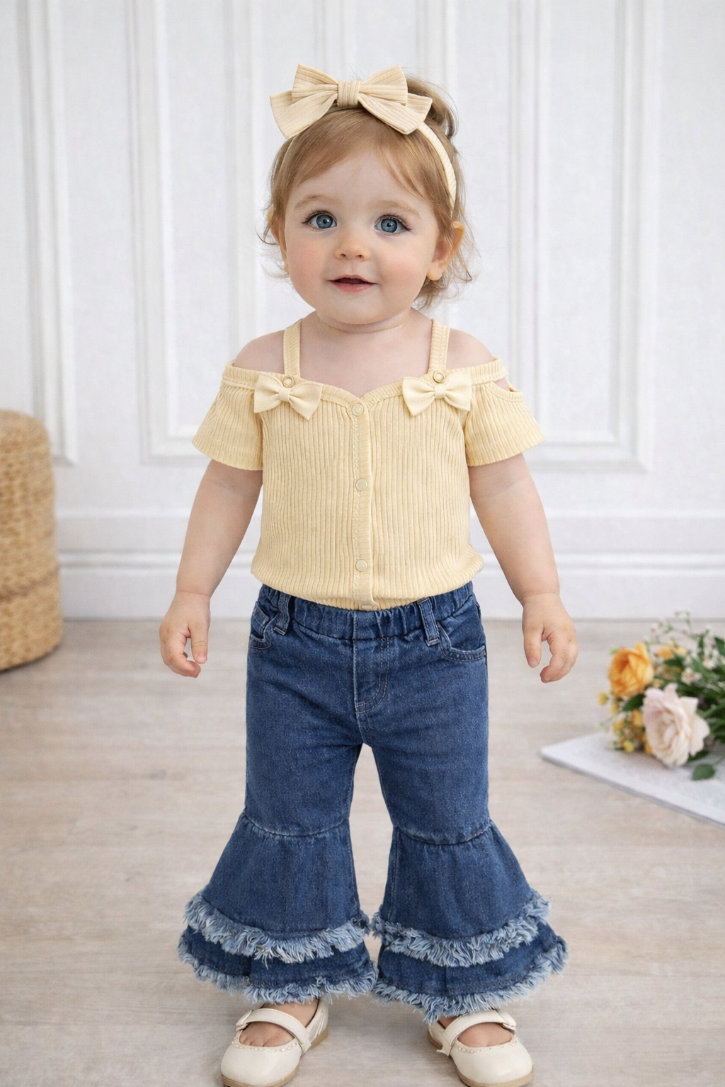 Completo bimba 3 pezzi jeans+maglietta+fascia