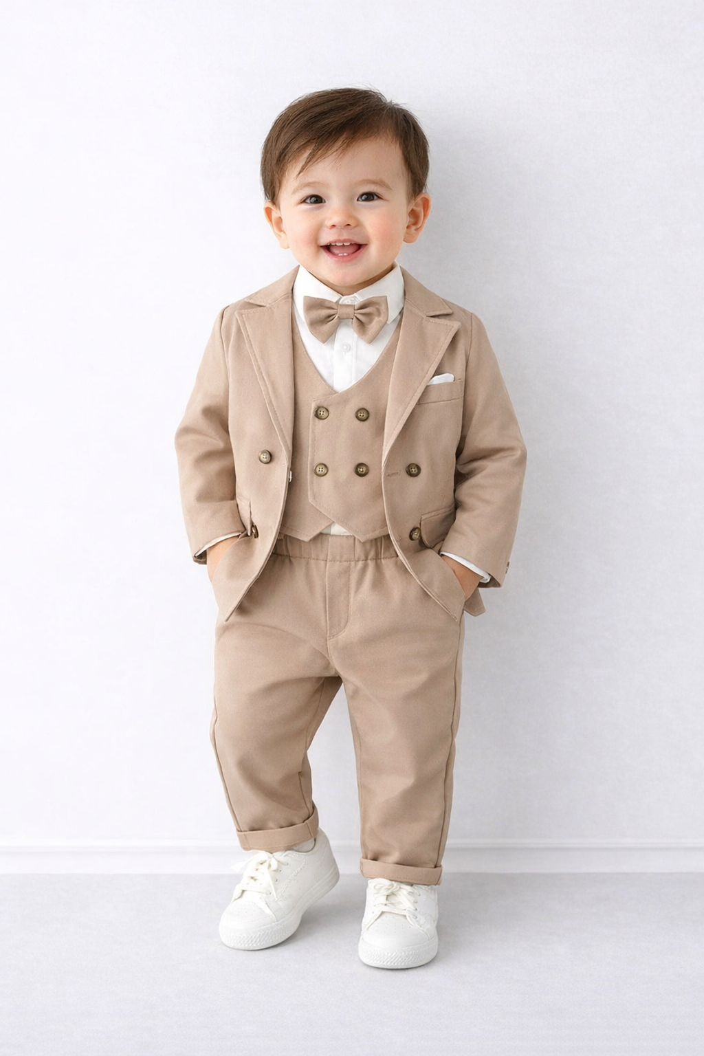 Elegante Completo per Bambini Beige con Bretelle e Papillon