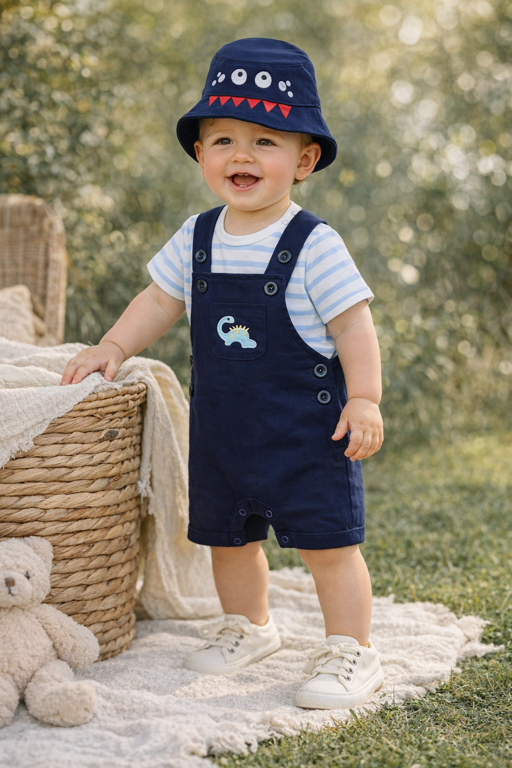 Completo 3 Pezzi Bambino – Salopette + Body a Righe + Cappellino Mostriciattolo