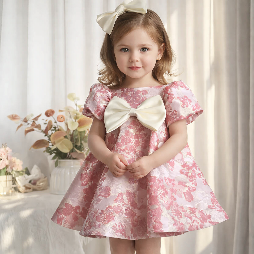 Abito da Cerimonia Jacquard Floreale con Fiocco
