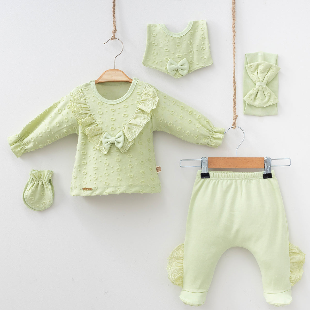 Set Neonata/ Bimba con Dettagli in Pizzo in cotone Verde 5 pezzi