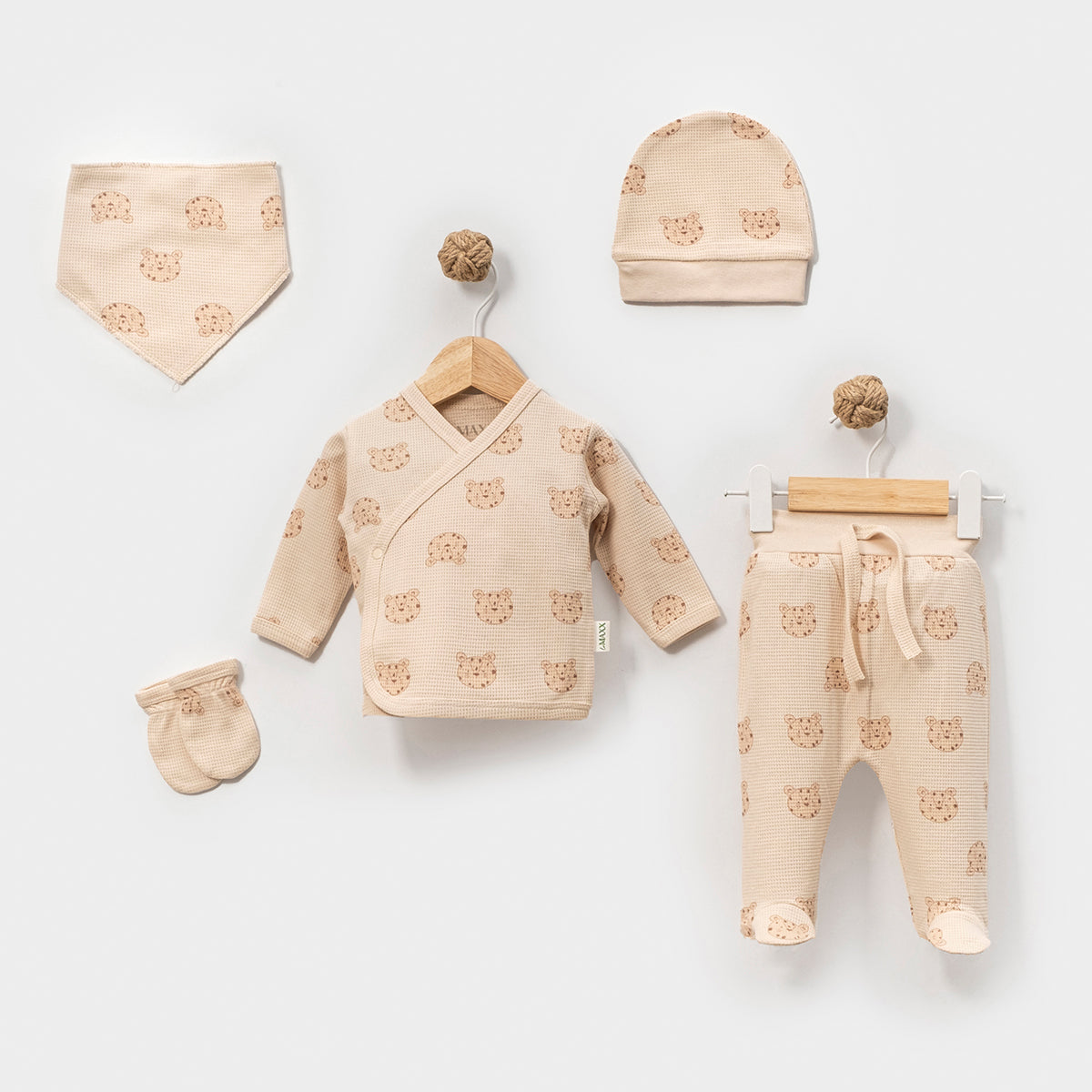 Set Neonato 5 Pezzi in Cotone Beige – Stampa Orsetti