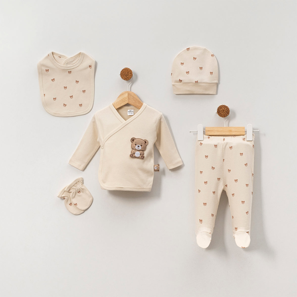 Set 5pz Nascita Neonato/ Bimbo in Cotone a Coste – Orsetto