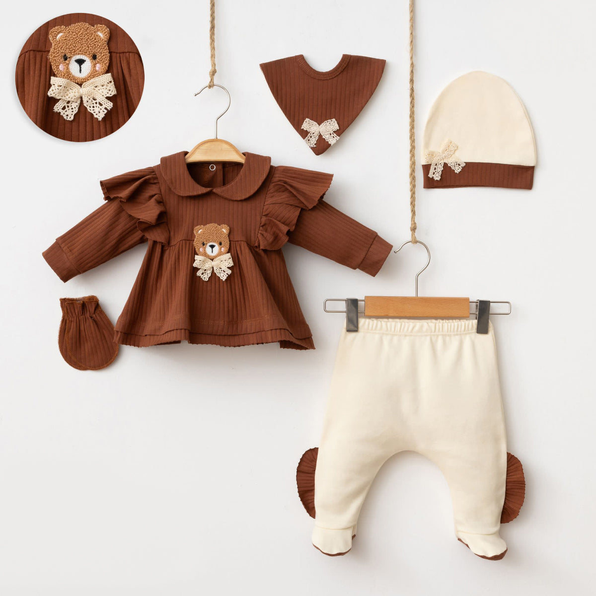 Set Caldo Cotone Vintage Orsetto 5pz 0-3 mesi Bimba/ Neonata