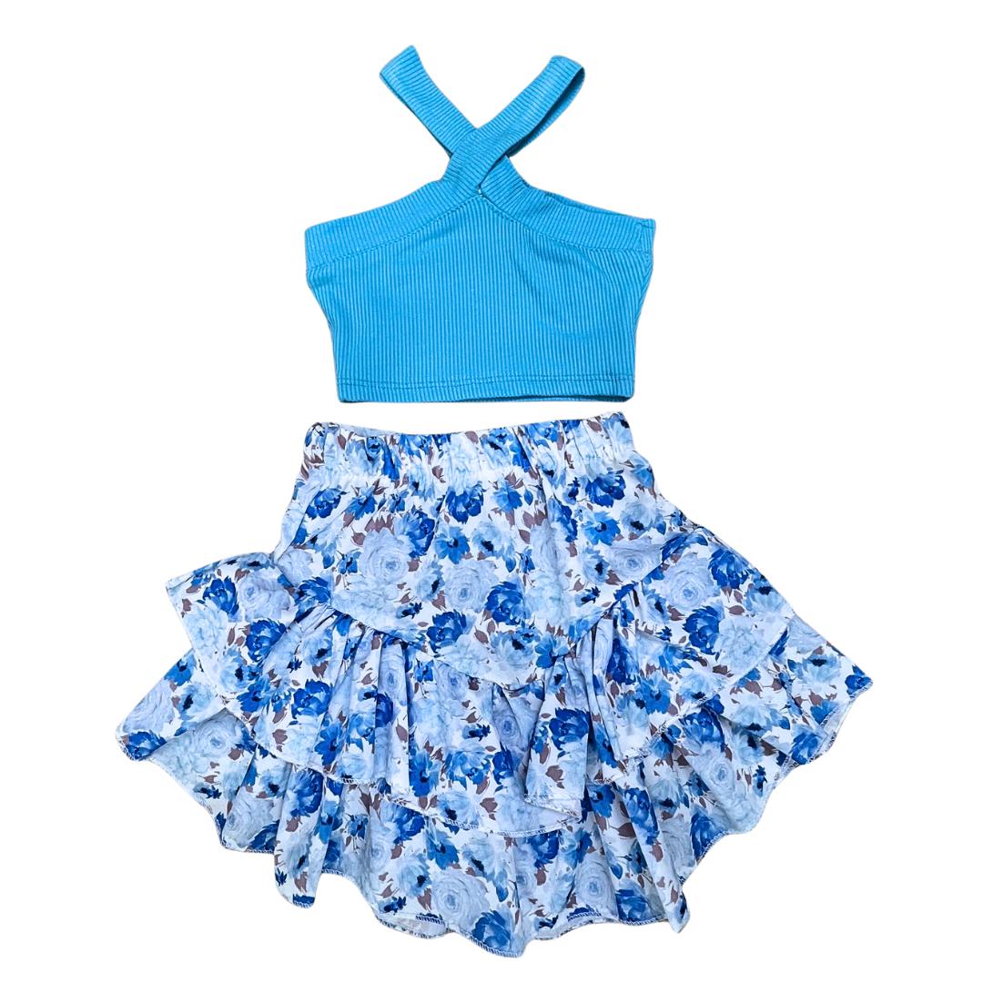 Set Estivo Bambina con Top Turchese e Gonna a Balze Floreale
