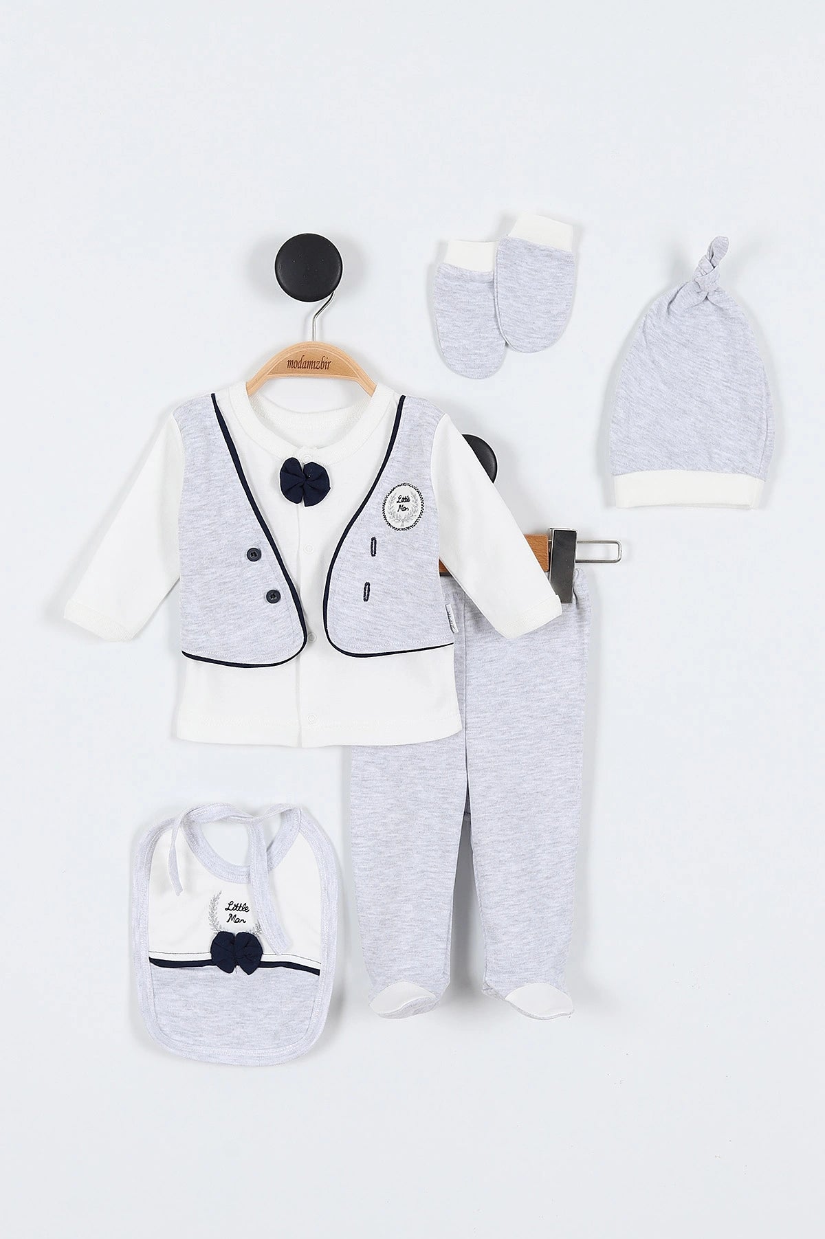 Set Neonato/ Bimbo Elegante 5 Pezzi in caldo cotone Smoking con Papillon Grigio